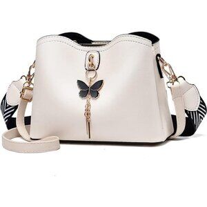 White Faux Leather Butterfly Pendant Striped Mini Crossbody‎ Bag Shoulder Purse